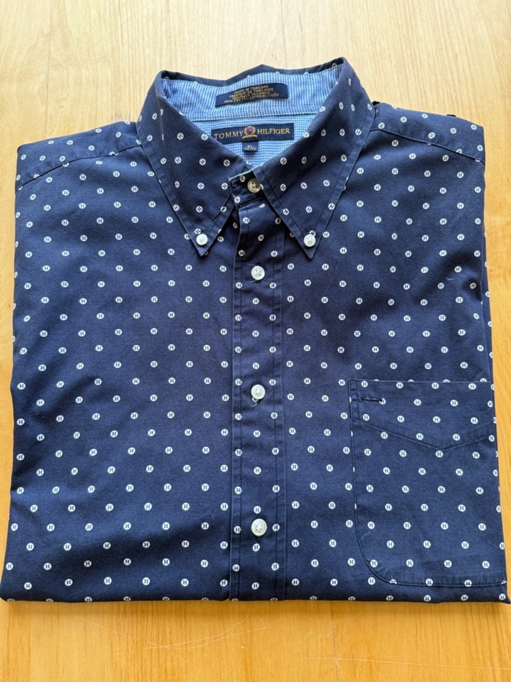 Tommy Hilfiger Button Down Shirt XL Navy Print Crest Logo Classic Fit
